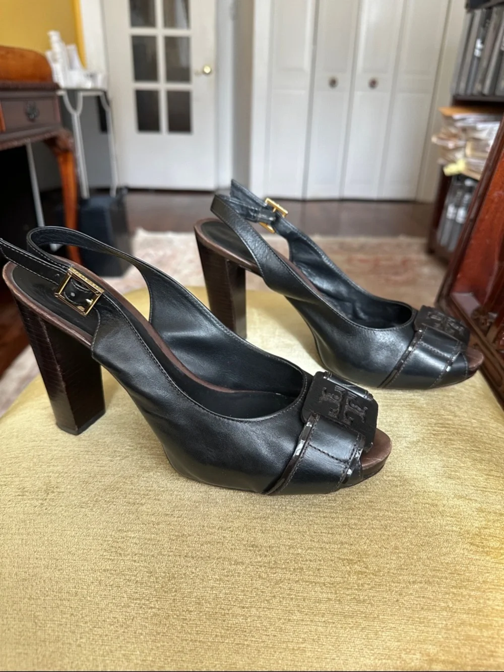 Tory Burch Black Leather Slingback Peep-Toe Heels with Buckle Detail Size 8.5